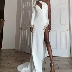 Custom Jovani White One-Shoulder Dress with Gold Details